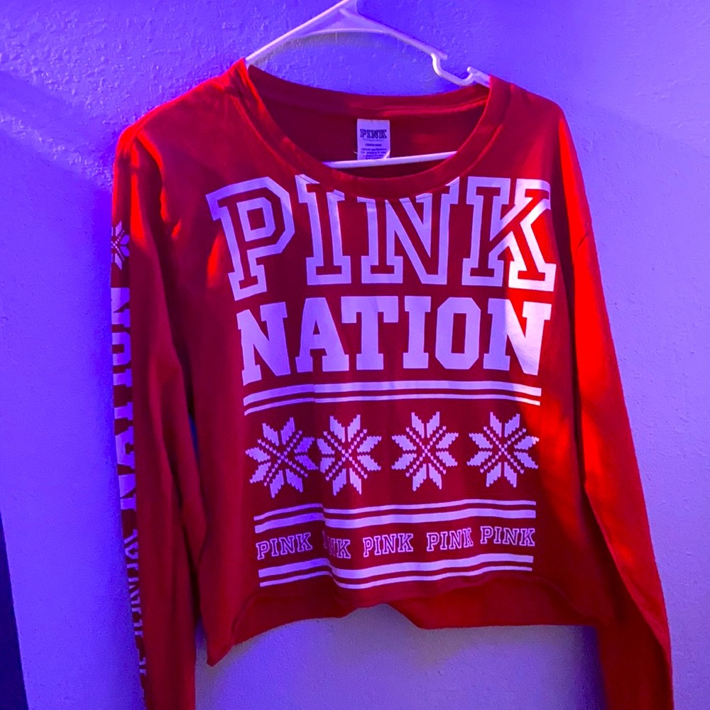 A red and white PINK crop top.